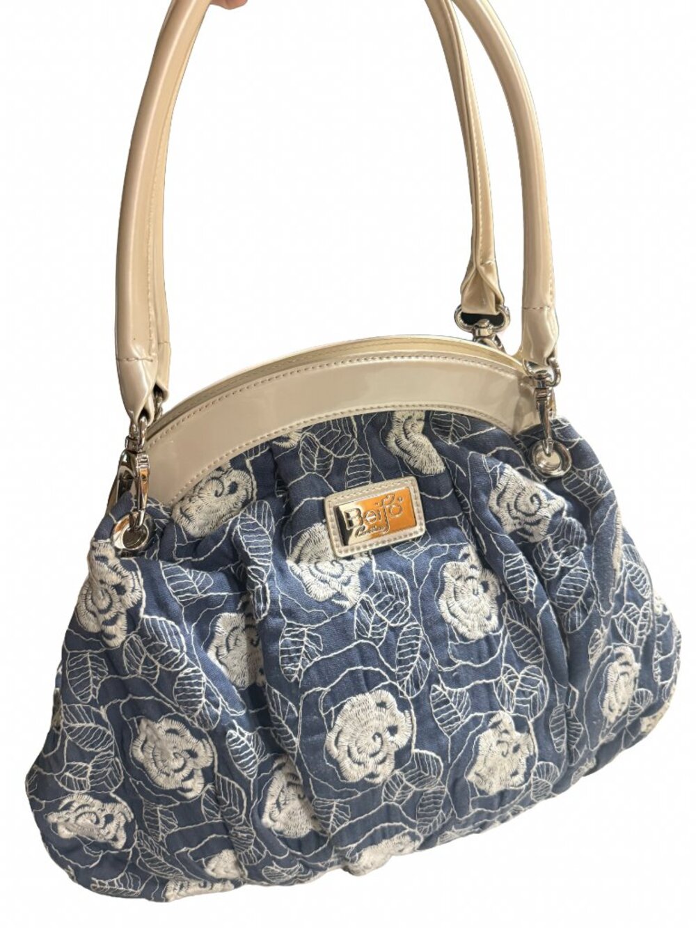Beijo Blue Floral Embroidered Kiss-Lock Frame Satchel Handbag Cream Trim Dust Ba